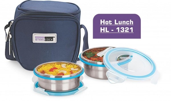 Steel Lock Hl-1321 Steel Airtight Lunch Box With Insulated Bag, 2 Pieces, Silver