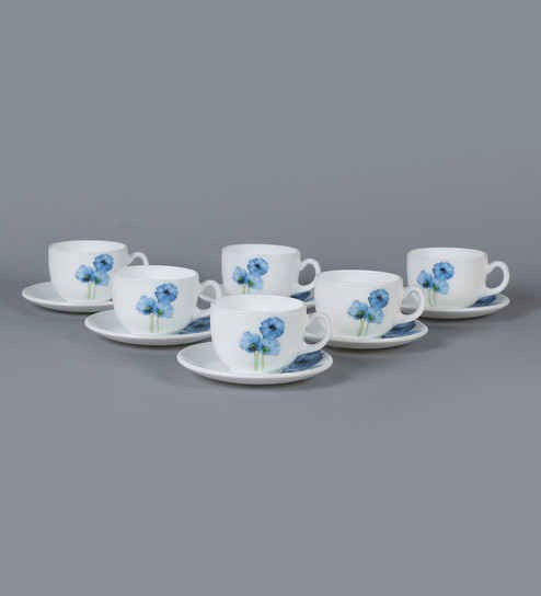 LaOpala Iris Regular Blue Poppies Opal Ware 160 ML Cup and Saucer - Set of 6